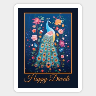 Blue Folk Art Peacock & Pink Flowers Happy Diwali Deepavali Celebration Magnet